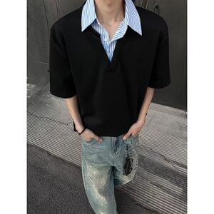 [012]假两件衬衫领短袖男宽松拼接T恤半袖Polo衫A079-D915-P33图片