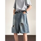 【008]做旧水洗破洞牛仔短裤男宽松直筒休闲五分裤A079-3338-P32，男装牛仔裤，电商A079