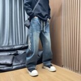 [008]拼接弯刀牛仔裤男ins潮牌宽松阔腿裤高街长裤A079-B833-P51，男装牛仔裤，电商A079