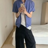[006]蓝色格纹衬衫男下摆抽绳短宽翻领衬衣A079-C405-P35，男装衬衫，电商A079