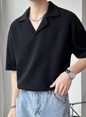 [012] 短袖POLO衫男宽松半袖上衣V型翻领t恤男A079-T538-P27