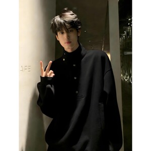 纽扣拼接格纹立领翻领卫衣男女宽松长袖上衣 A079-W212-P53图片