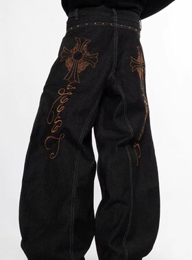 [008]黑色男女同款阔腿直筒刺绣纹理牛仔裤A079-NG61-P49
