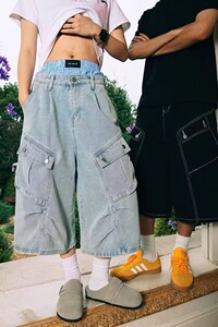 [008]牛仔短裤男女夏多口袋裤子宽松水洗阔腿七分裤A079-B026-P44图片