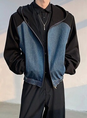 [001]垫肩牛仔拼接卫衣短款连帽百搭夹克男A079-S165-P98
