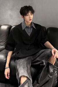 [012]假两件格子polo衫短袖t恤男拼接衬衫领上衣A079-T71-P35图片