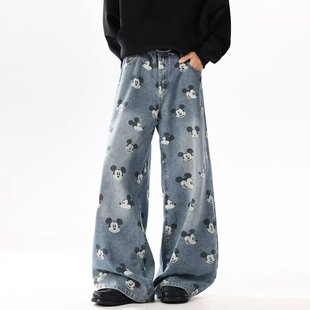 美式 年新款 复古米奇满印阔腿牛仔裤 A079 P52 K8248