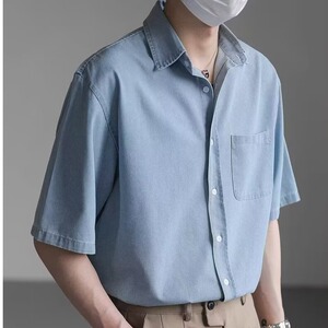 [006]水洗牛仔衬衫男短袖休闲工装口袋蓝色衬衣A079-C917-P45图片