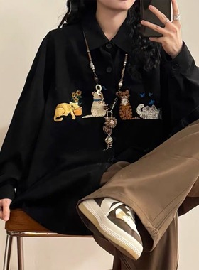 【132】猫咪刺绣长袖衬衫男女宽松休闲衬衣外套A079-CS381-P38