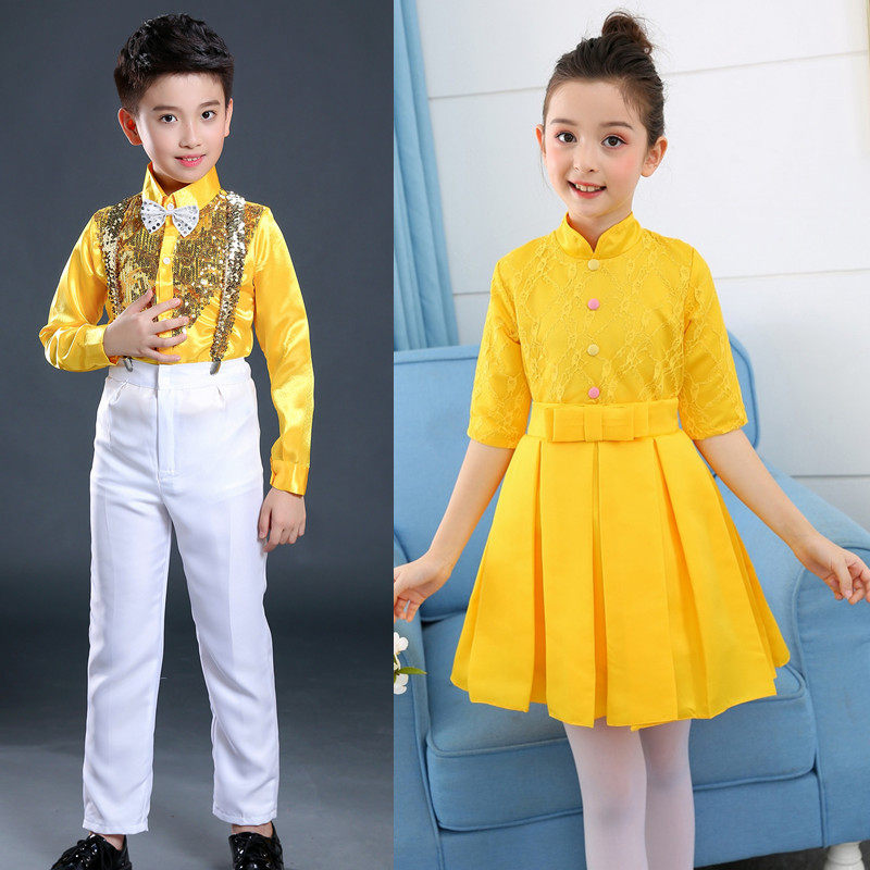 黄色男生搭配女童演出服长袖合唱服幼儿园舞蹈表演服装公主裙布裙