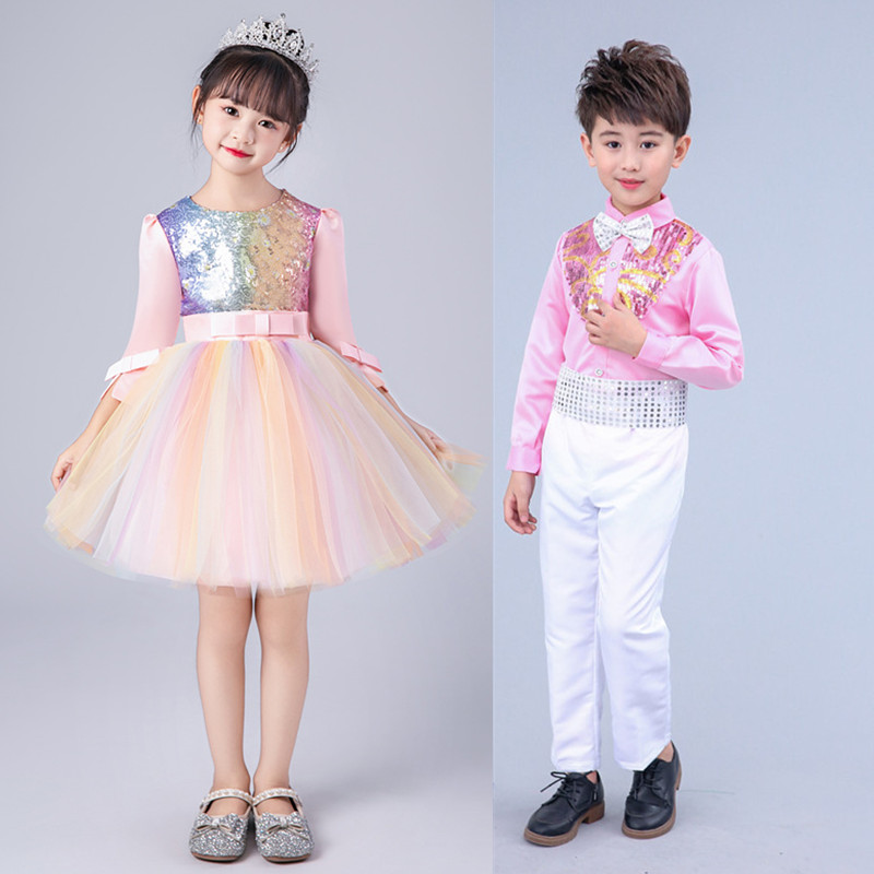 儿童演出服女童长袖七彩蓬蓬裙幼儿园舞蹈裙小学生集体朗诵合唱服