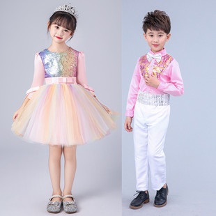 儿童演出服女童长袖七彩蓬蓬裙幼儿园舞蹈裙小学生集体朗诵合唱服
