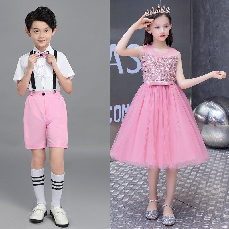 女童公主裙短袖粉色男孩演出服幼儿园舞蹈服小学生朗诵主持大合唱