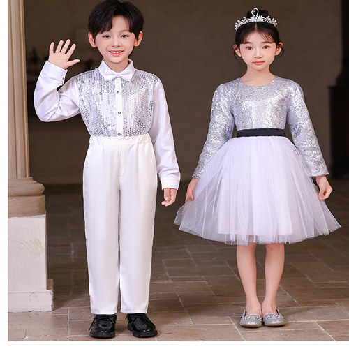银白色儿童合唱服小学生表演服