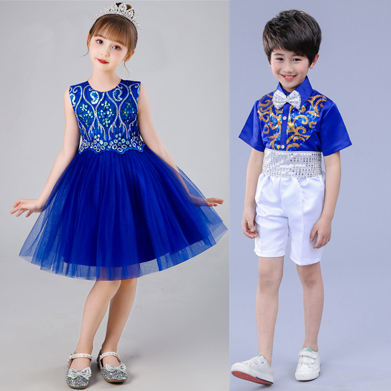 幼儿园小学生舞蹈服公主纱裙蓝色