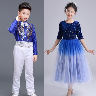 中学生合唱演出服朗诵表演服初中生男女童儿童演讲比赛礼服长款蓝
