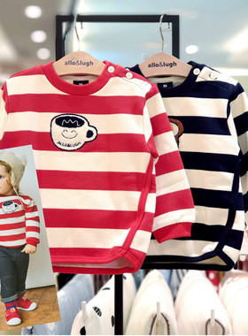 allo阿路韩版童装25冬季儿童条纹时尚薄绒休闲加厚T恤上衣947