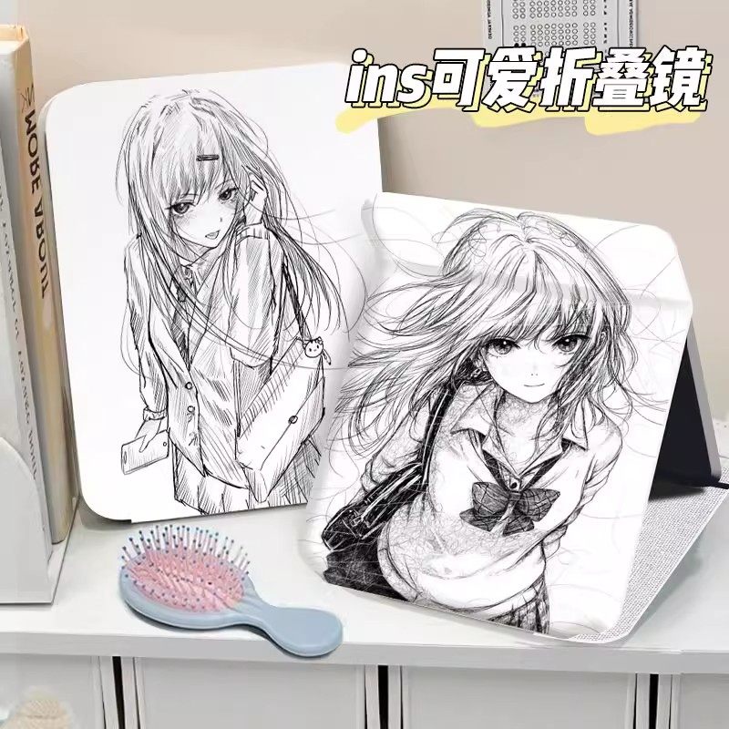 线条少女便携化妆镜素描随身翻盖式折叠迷你补妆小镜子梳妆镜文字