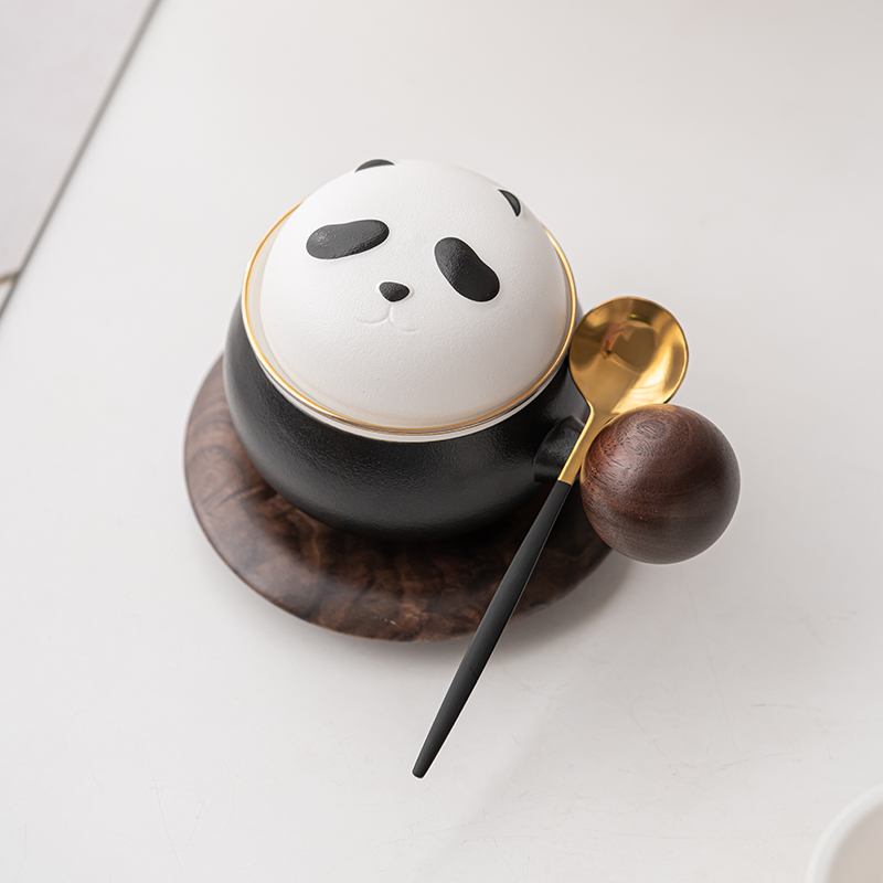 苏氏陶瓷（SUSHI CERAMICS）熊猫茶水分离办公茶格杯咖啡杯（黑）
