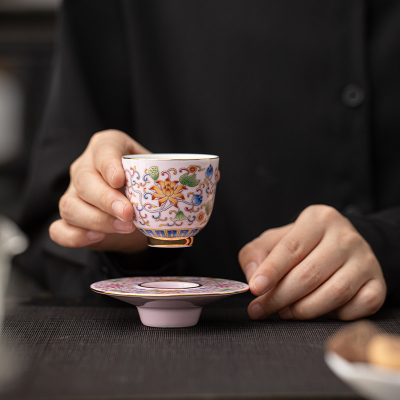 苏氏陶瓷 珐琅彩宫廷风陶瓷个人茶杯茶托礼盒伴手礼（粉）