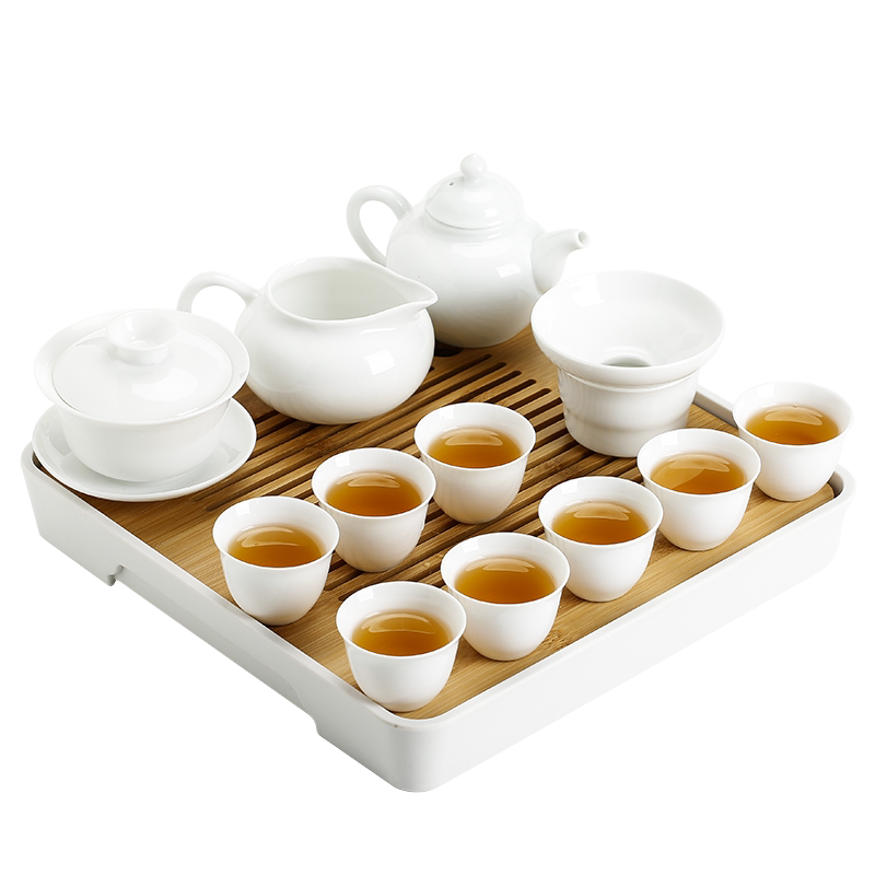 茶具套装简约白瓷功夫带竹面储水