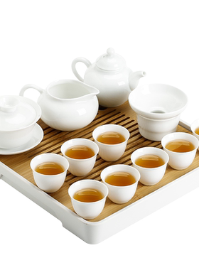 茶具套装简约白瓷功夫带竹面储水