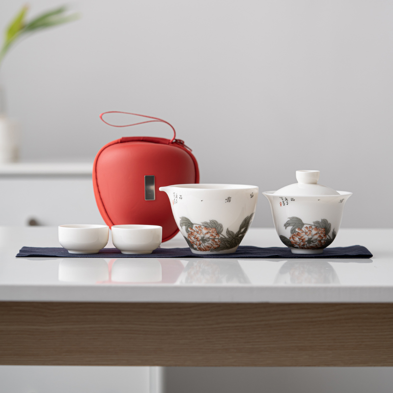 苏氏陶瓷（SUSHI CERAMICS）羊脂玉花开富贵快客杯旅行包便捷茶具