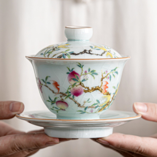 苏氏陶瓷SUSHI CERAMICS汝窑开片可养卵青瑞桃献寿三才盖碗茶杯