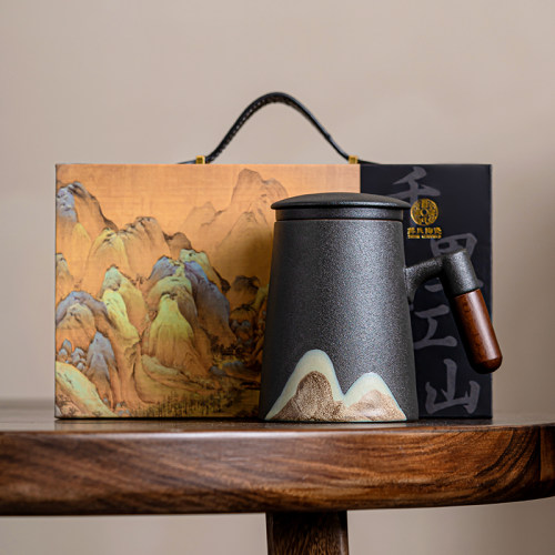 办公杯手绘釉画彩千里江山马克杯内胆过滤茶杯中国风礼盒装