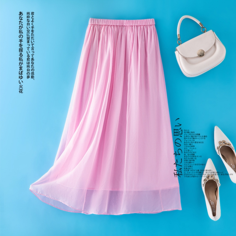 女夏季真丝粉色优雅甜美气质半身裙中长款松紧腰桑蚕丝a字大摆裙