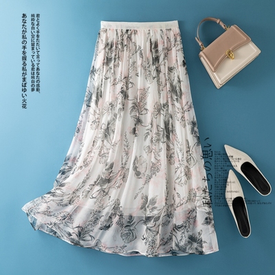 女夏垂感显瘦真丝印花a字半身裙