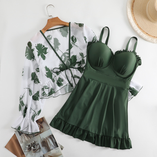 泳衣女 温泉连体裙式 汐姿澜2023新款 大胸E杯钢托聚拢显瘦保守罩衫