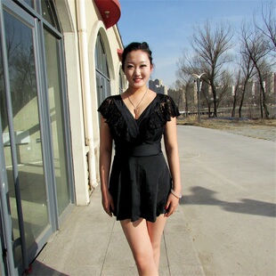 温泉泳装 裙式 分体泳衣女平角蕾丝大胸钢托遮肚显瘦保守DE罩杯大码