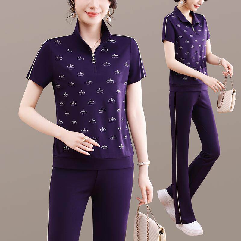 夏季运动套装女2026新款薄款立领短袖冰丝休闲跑步两件套减龄显瘦