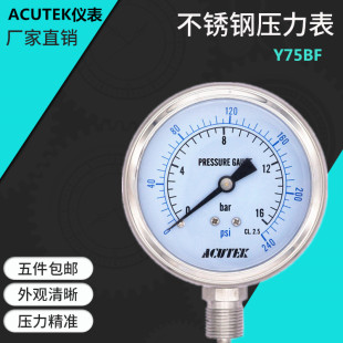 ACUTEK 304不锈钢压力表 Y75BF 16bar  G3/8 防腐 耐高温压力表