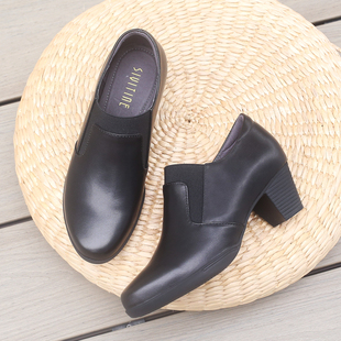 圆头粗跟深口单鞋女软皮软底真皮女鞋不累脚2025新款中跟一脚蹬