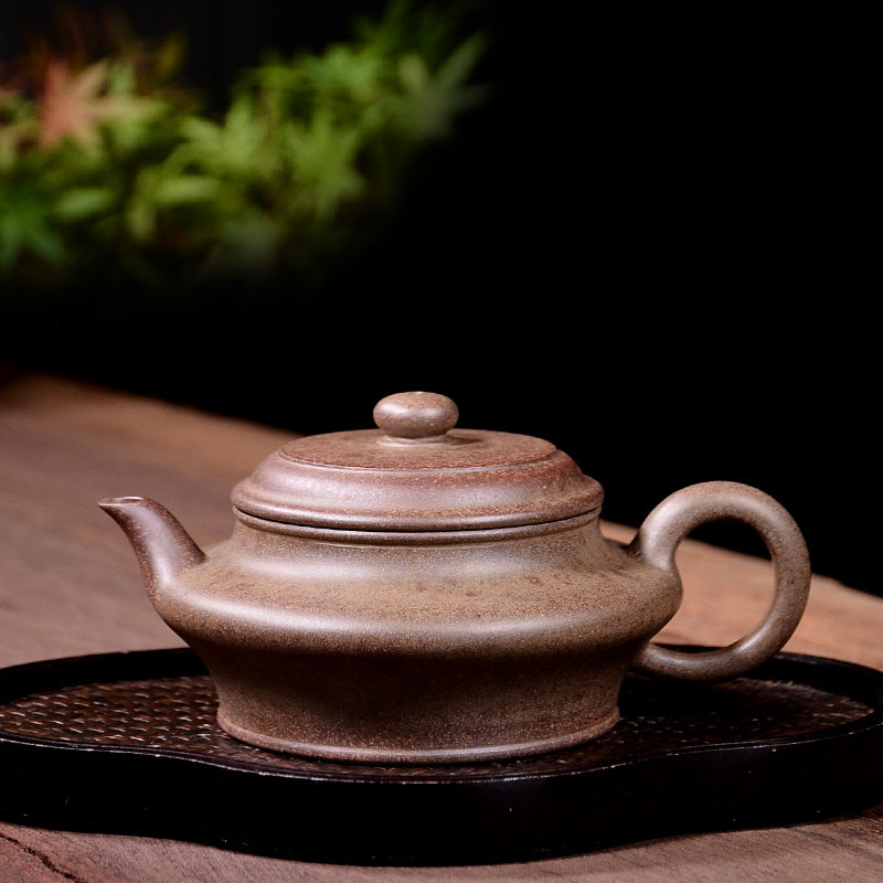 吉羊 宜兴柴烧窑变紫砂壶纯手工家用泡茶壶茶具翡翠金砂虚扁壶