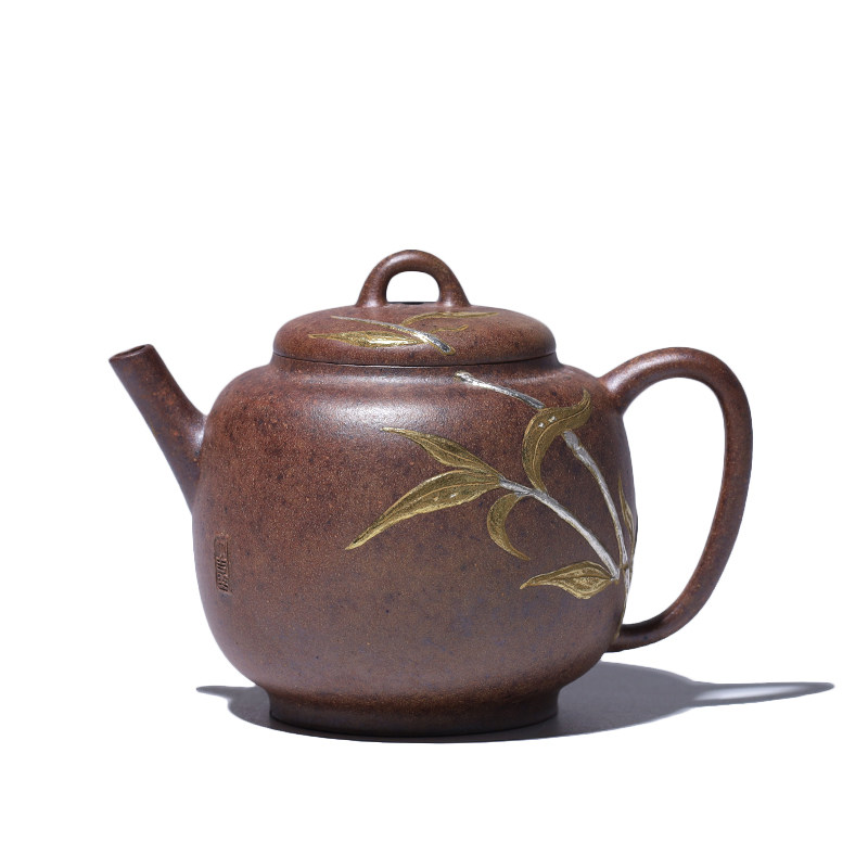 吉羊 宜兴柴烧紫砂壶纯手工茶壶描金 原矿本山绿泥金荻梦影140ml