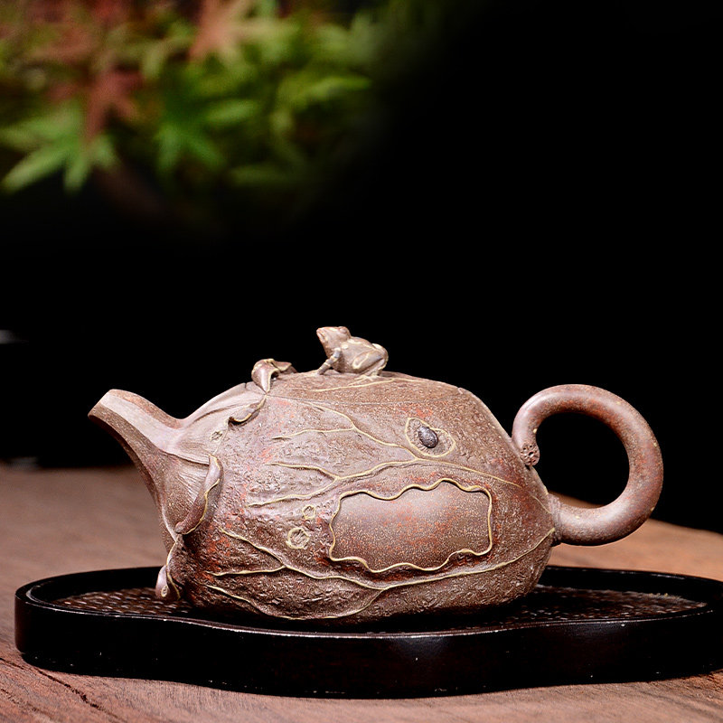 吉羊 宜兴柴烧紫砂壶纯全手工花器茶具茶壶原矿翡翠金砂荷塘清趣