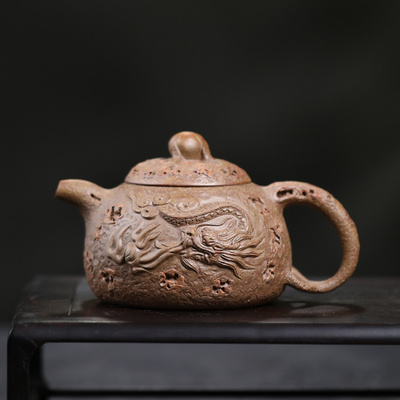 吉羊 宜兴柴烧紫砂壶纯手工茶壶 原矿翡翠金砂游龙供春