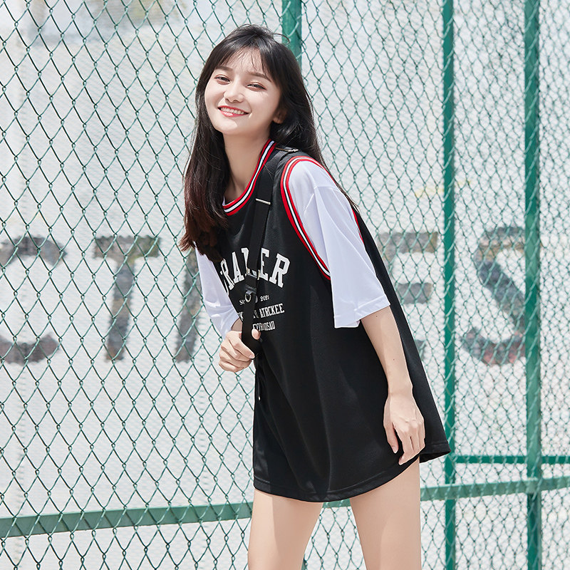 篮球服女短袖假两件上衣夏季球服宽松运动球衣裙子半袖上衣t恤潮