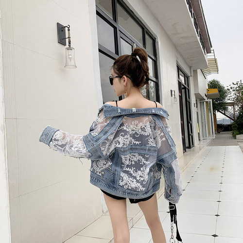 短款刺绣蕾丝花朵牛仔防晒外套女