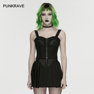 PUNKRAVE朋克风PU皮革吊带背心女黑色修身显瘦拉链胸衣短款塑身衣