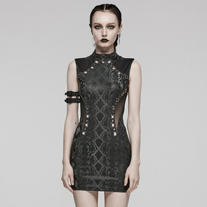 朋克黑色侧腰镂空无袖连衣裙女蛇纹包臀裙紧身性感弹力网纱裙子夏