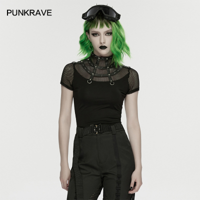 朋克囚笼网纱短袖小高领显瘦T恤