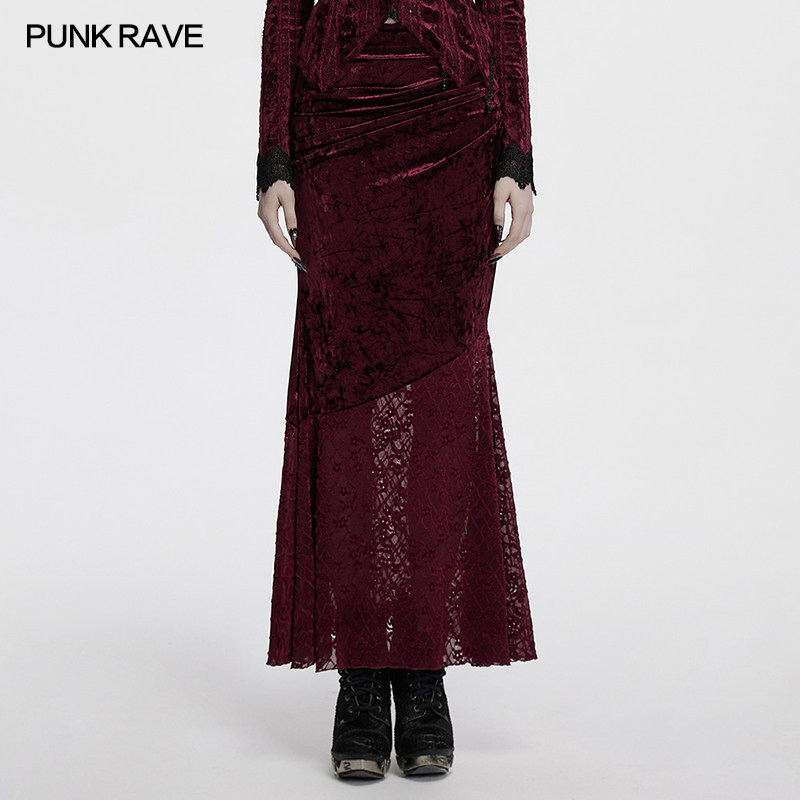 PUNKRAVE暗黑风半身裙女长款鱼尾裙个性哥特风蕾丝拼接丝绒裙子潮