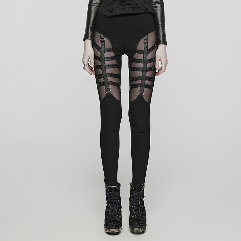朋克镂空紧身裤女性感网纱打底裤个性修身长裤机能风弹力裤外穿裤