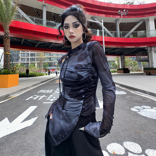 新中式国风网纱上衣透视薄款