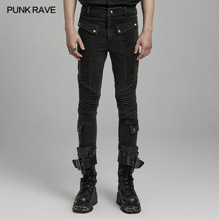 长裤 高街机车小脚裤 男 褶皱割破重工修身 朋克风拼接做旧水洗牛仔裤