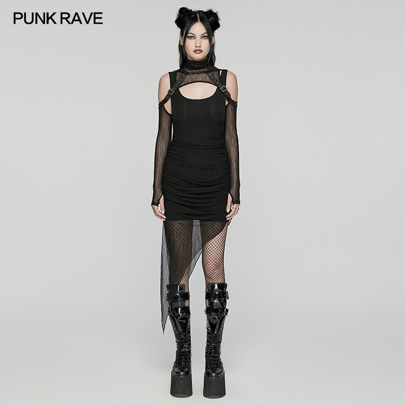 PUNKRAVE朋克连帽两件套连衣裙不规则无袖背心裙性感显瘦包臀短裙
